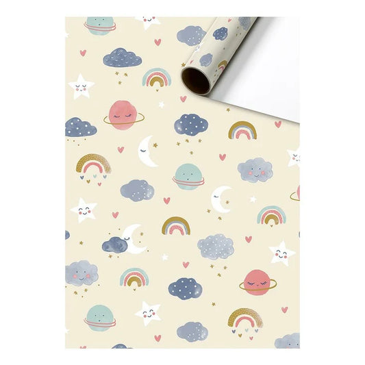 Cadeaupapier 70 cm – Maan, Regenboog en Sterren met sterren en maanprint op blauwe achtergrond – Liefs en Lintjes