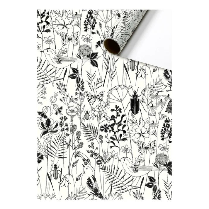 Cadeaupapier 70 cm – Nature Zwart/Wit met zwart-witte natuurprint van bladeren en bloemen – Liefs en Lintjes