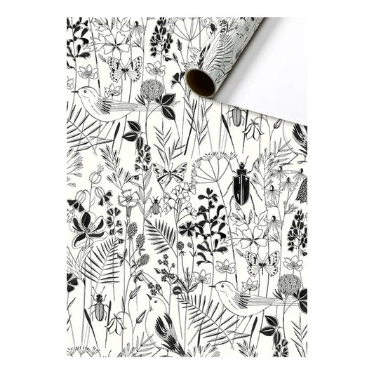 Cadeaupapier 70 cm – Nature Zwart/Wit met zwart-witte natuurprint van bladeren en bloemen – Liefs en Lintjes