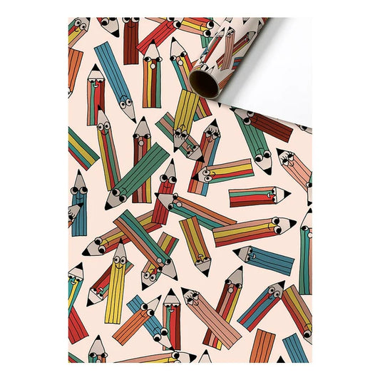 Cadeaupapier 70 cm – Potloden met vrolijke potlodenprint op witte achtergrond – Liefs en Lintjes