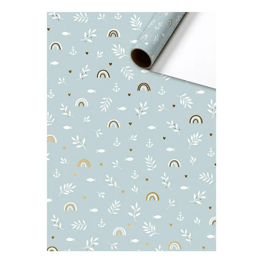 Cadeaupapier 70 cm – Regenboogjes Lichtblauw met vrolijke regenboogjes op blauwe achtergrond – Liefs en Lintjes