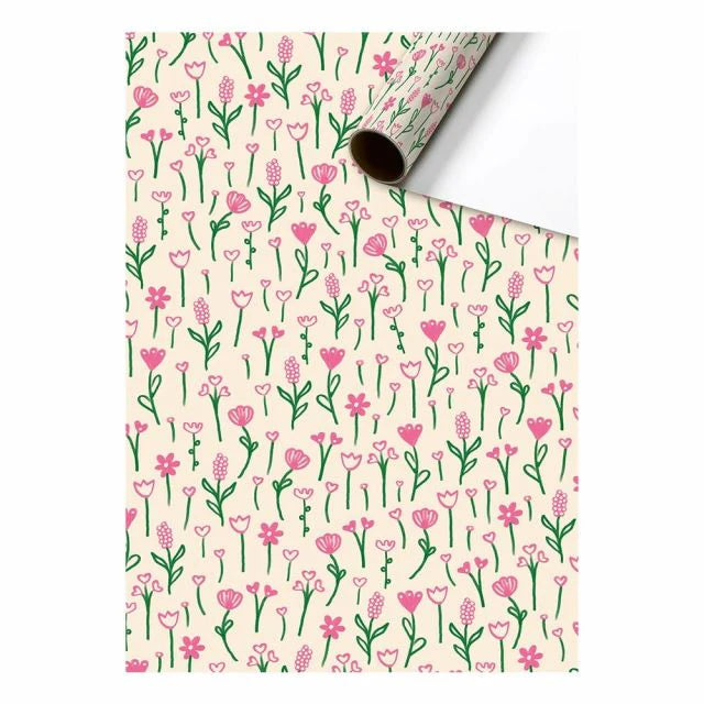 Cadeaupapier 70 cm – Roze Bloemen met zachte bloemenprint op witte achtergrond – Liefs en Lintjes