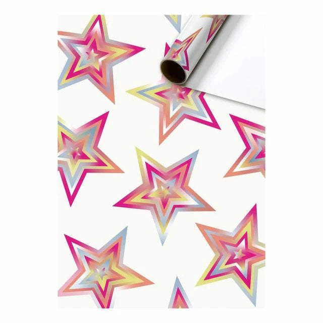 Cadeaupapier 70 cm – Sterren Metallic Regenboog met glanzende regenboogkleurige sterren op witte achtergrond – Liefs en Lintjes
