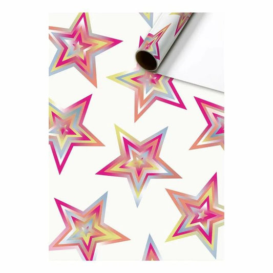 Cadeaupapier 70 cm – Sterren Metallic Regenboog met glanzende regenboogkleurige sterren op witte achtergrond – Liefs en Lintjes
