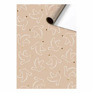 Cadeaupapier 70 cm – Vliegende Duiven Nude met witte duiven en goudkleurige details op nude achtergrond – Liefs en Lintjes