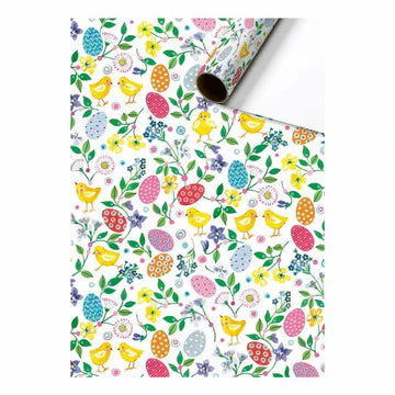 Cadeaupapier 70 cm – Vrolijk Pasen met kuikens, bloemen en gekleurde paaseieren op witte achtergrond – Liefs en Lintjes