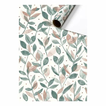Cadeaupapier 70 cm – Watercolor Leaves Groen/Roze met aquarel bladeren en stippen op witte achtergrond – Liefs en Lintjes