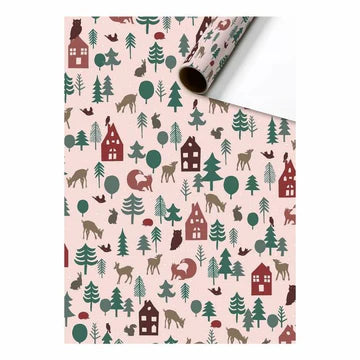 Cadeaupapier 70 cm – Winterbos Roze met silhouetten van dieren, bomen en huisjes op roze achtergrond – Liefs en Lintjes