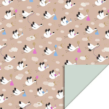 Cadeaupapier Baby Bird Beige/Pistache 70cm breed – dubbelzijdig geboorte cadeaupapier – Liefs en Lintjes
