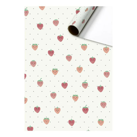 Cadeaupapier 70cm met aardbeienprint en gezichtjes op wit – Liefs en Lintjes