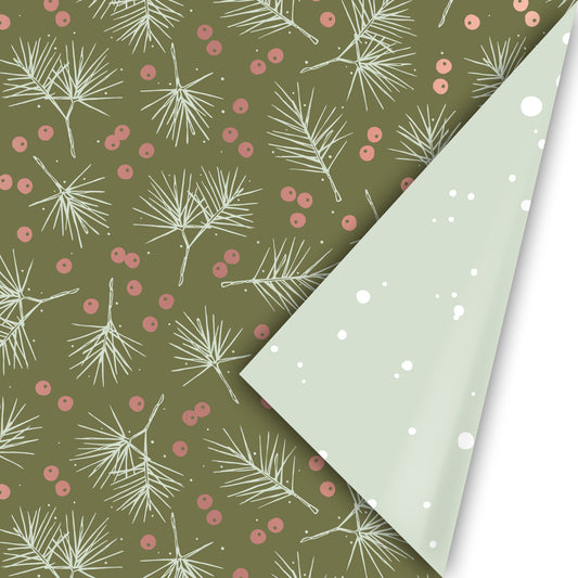 Cadeaupapier Berries & Branches Groen dubbelzijdig kerst takjes besjes mint 50 cm – Liefs en Lintjes