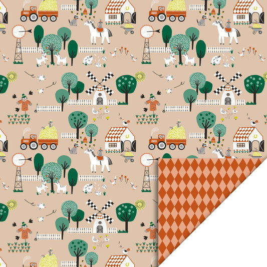 Cadeaupapier Boerderij Beige 70 cm x 3 m – vrolijk boerderij cadeaupapier met dieren en tractors | Liefs en Lintjes