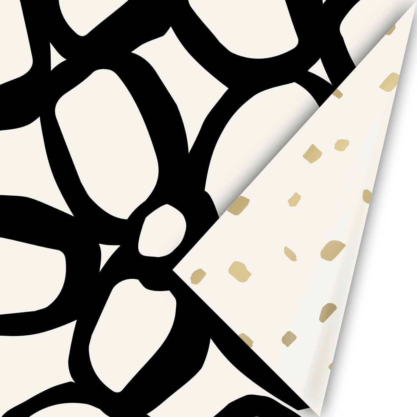 Dubbelzijdig cadeaupapier met grafisch bloemenpatroon in zwart wit en goudaccenten Liefs en Lintjes
