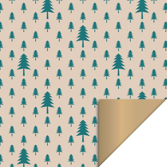 Cadeaupapier Christmas Trees Beige/Jade Green 70 cm x 3 m – kerst cadeaupapier met jadegroene bomen en gouden binnenzijde | Liefs en Lintjes