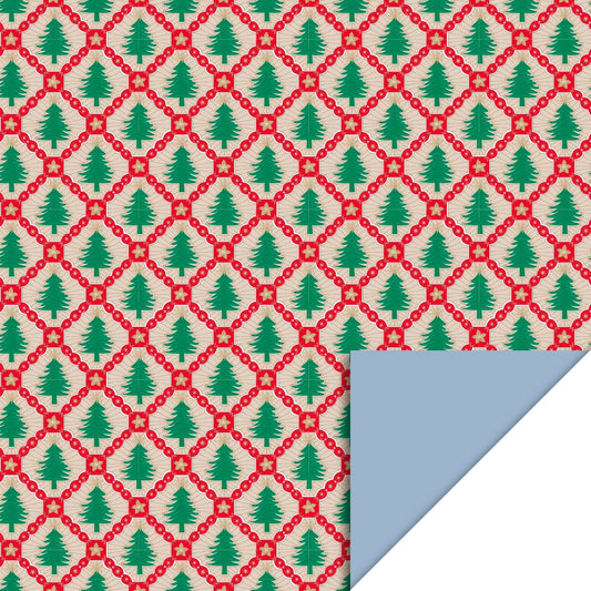 Cadeaupapier Festive Frames Blauw 70 cm x 3 m – kerst cadeaupapier met kaders en kerstbomen | Liefs en Lintjes
