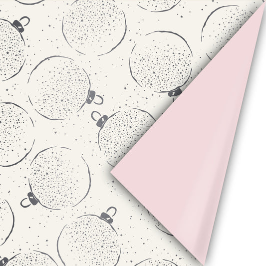 Dubbelzijdig cadeaupapier met kerstballenprint in grijstinten en zandkleurige binnenzijde Liefs en Lintjes