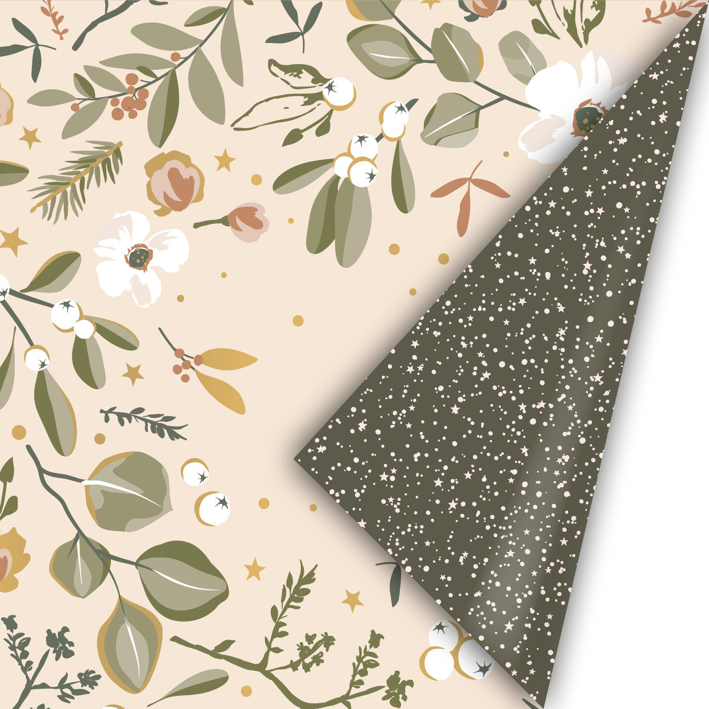 Cadeaupapier Let’s Decorate Lovely dubbelzijdig kerst botanisch beige olijfgroen 50 cm – Liefs en Lintjes