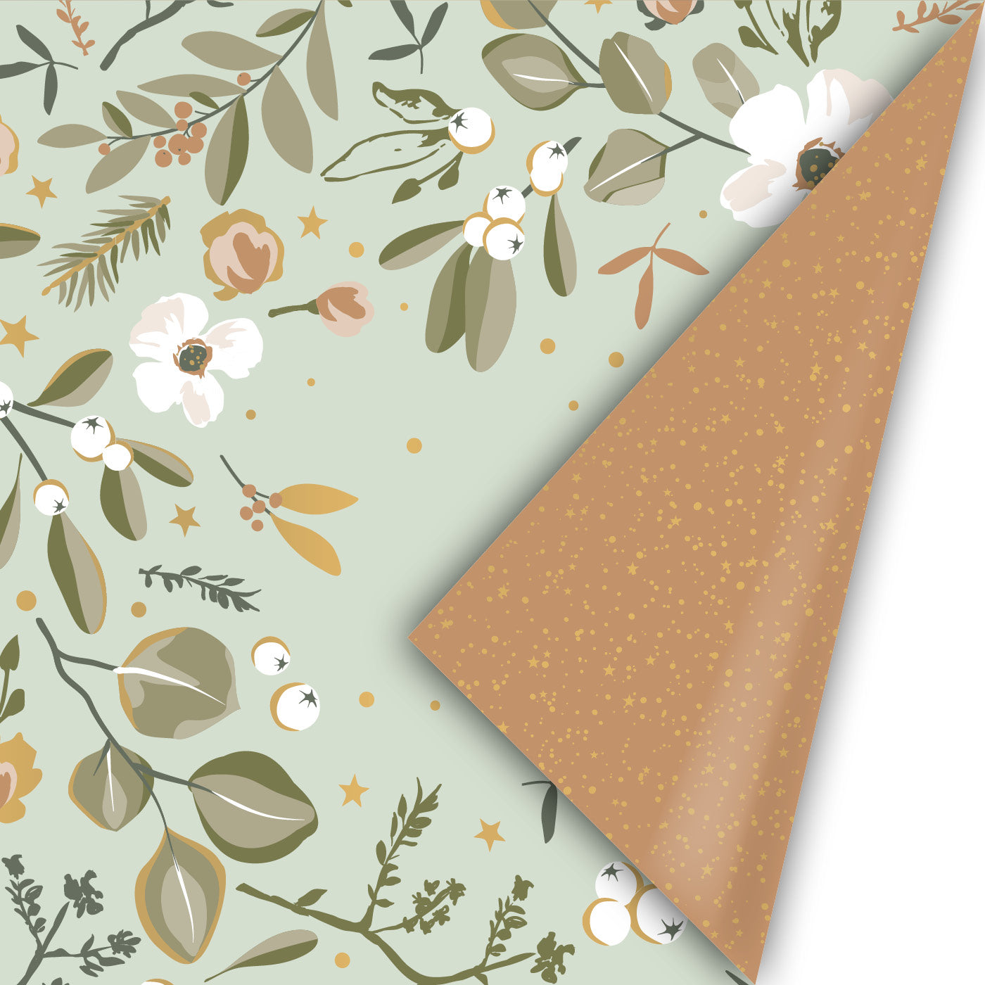 Cadeaupapier Let’s Decorate Mint/Goud dubbelzijdig kerst botanisch mint goud 50 cm – Liefs en Lintjes