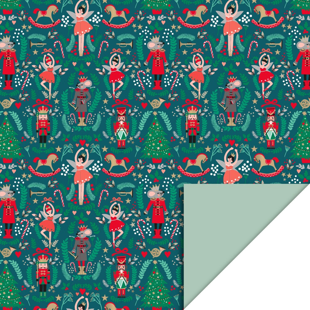 Cadeaupapier Nutcracker 70 cm x 3 m – kerst cadeaupapier met Nutcracker-figuren en pistache binnenzijde | Liefs en Lintjes