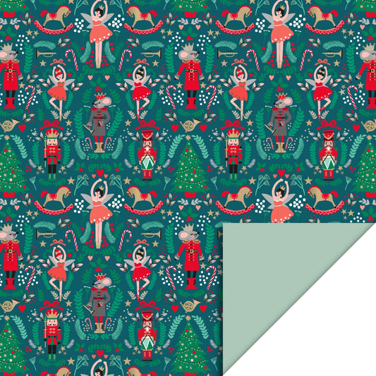 Cadeaupapier Nutcracker 70 cm x 3 m – kerst cadeaupapier met Nutcracker-figuren en pistache binnenzijde | Liefs en Lintjes
