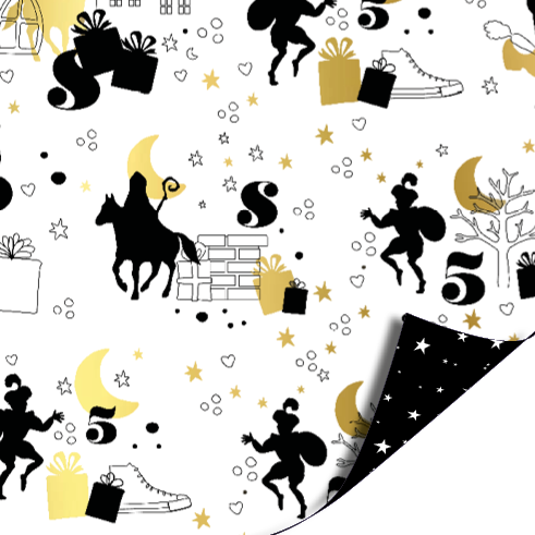 Cadeaupapier Op de Hoge Daken Sinterklaas dubbelzijdig zwart goud wit 70 cm – Liefs en Lintjes