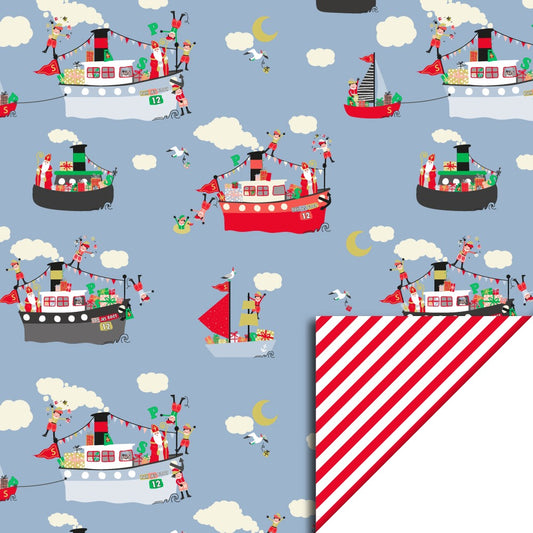 Cadeaupapier Pakjesboot 70 cm x 3 m – Sinterklaas cadeaupapier met pakjesboot en rood-witte binnenzijde | Liefs en Lintjes