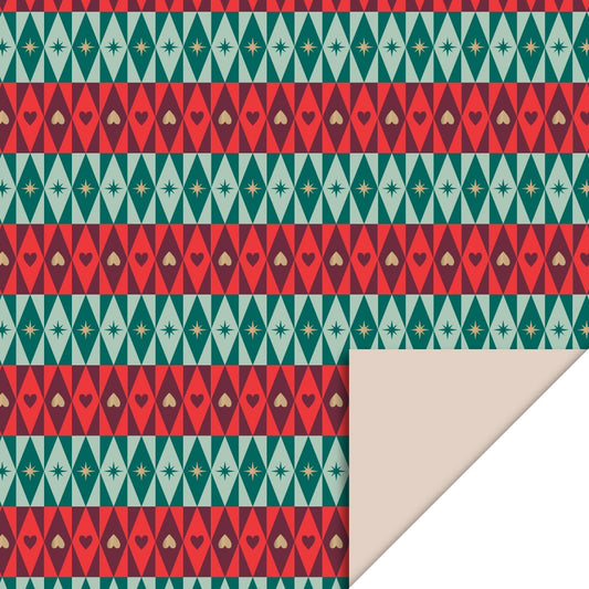 Cadeaupapier Retro Christmas 70 cm x 3 m – kerst cadeaupapier met retro patroon, hartjes en sterren | Liefs en Lintjes