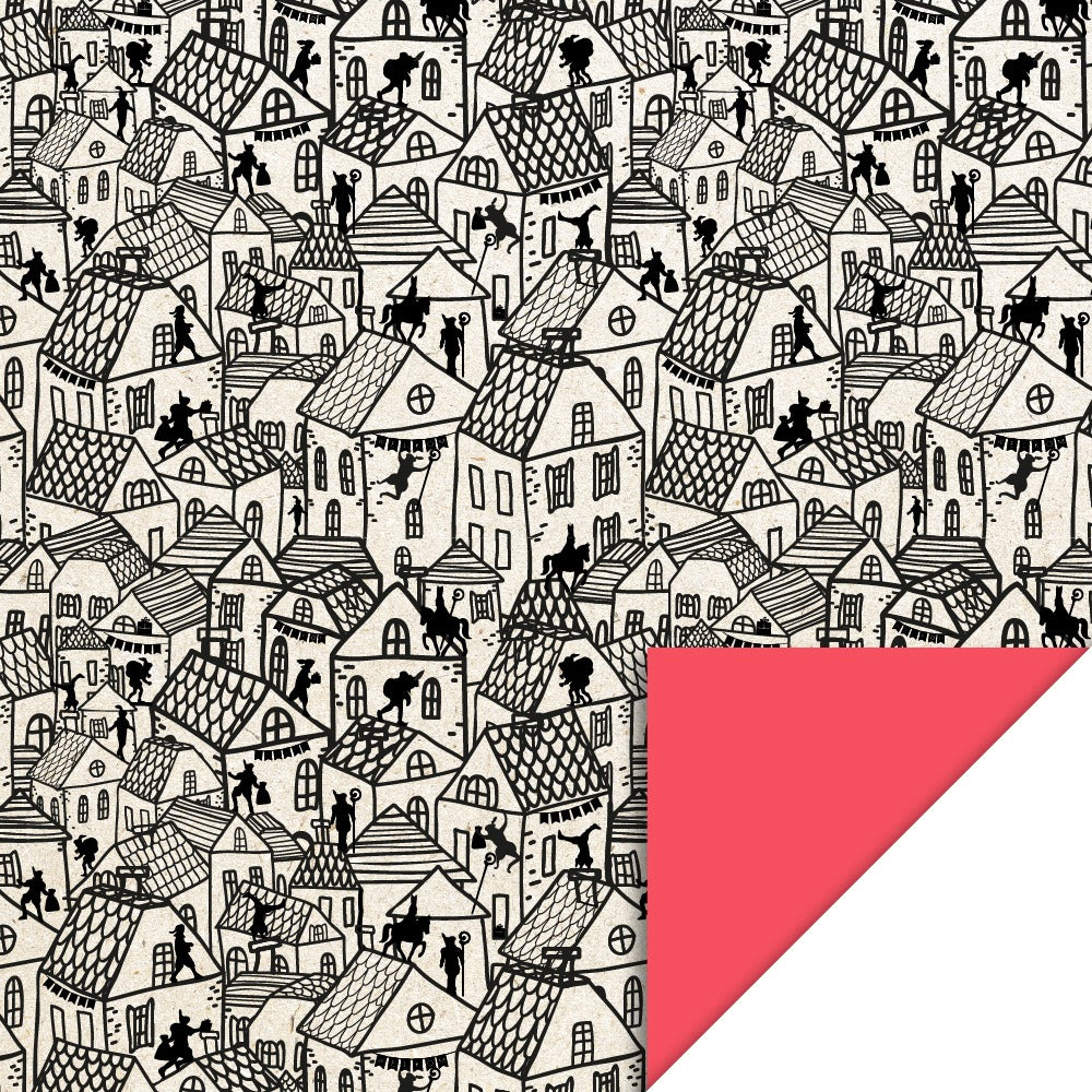 Cadeaupapier Sint Dorp 70 cm x 3 m – Sinterklaas cadeaupapier met silhouetten van Pieten op daken | Liefs en Lintjes