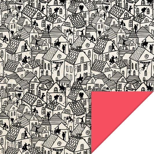 Cadeaupapier Sint Dorp 70 cm x 3 m – Sinterklaas cadeaupapier met silhouetten van Pieten op daken | Liefs en Lintjes