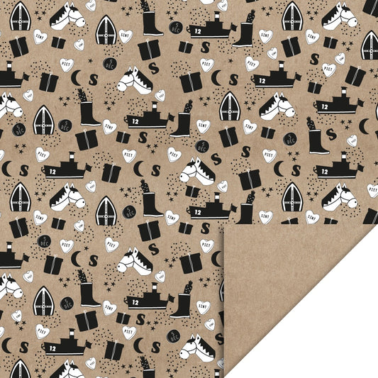 Cadeaupapier Sint Illustraties Kraft 70 cm x 3 m – sinterklaas cadeaupapier met zwarte en witte illustraties op kraft | Liefs en Lintjes