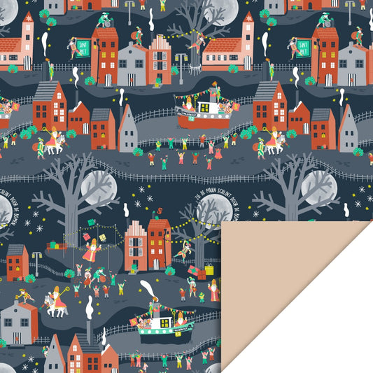 Cadeaupapier Sint Intocht Nude 70 cm x 3 m – Sinterklaas cadeaupapier met intocht en nude binnenzijde | Liefs en Lintjes