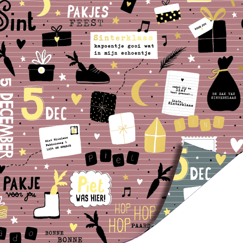Cadeaupapier Sinterklaas Doodles dubbelzijdig oudroze zwart goud wit 70 cm – Liefs en Lintjes