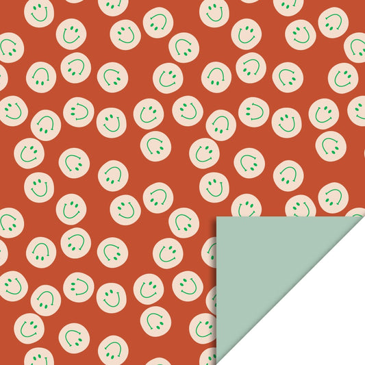 Cadeaupapier Smiley Roest 70 cm x 3 m – vrolijk cadeaupapier met groene smileys | Liefs en Lintjes