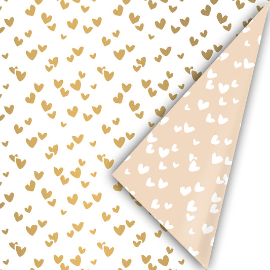 Dubbelzijdig cadeaupapier met hartjes in goud en zandkleur Liefs en Lintjes