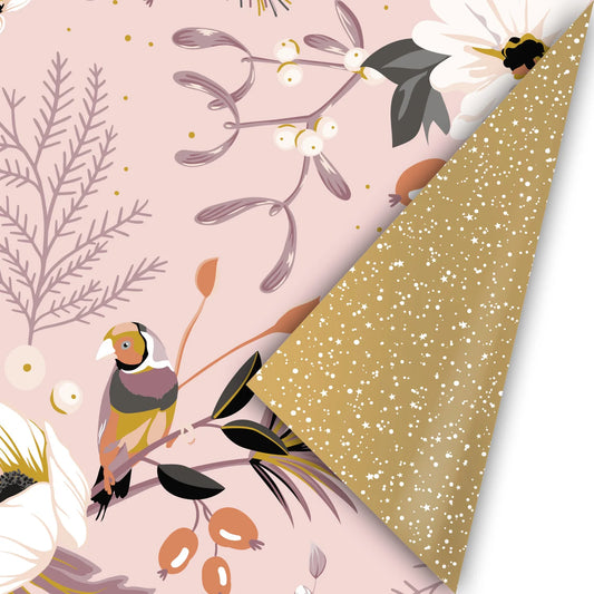 Dubbelzijdig cadeaupapier met vintage kerstillustratie in roze en goudkleurige sterrenprint Liefs en Lintjes