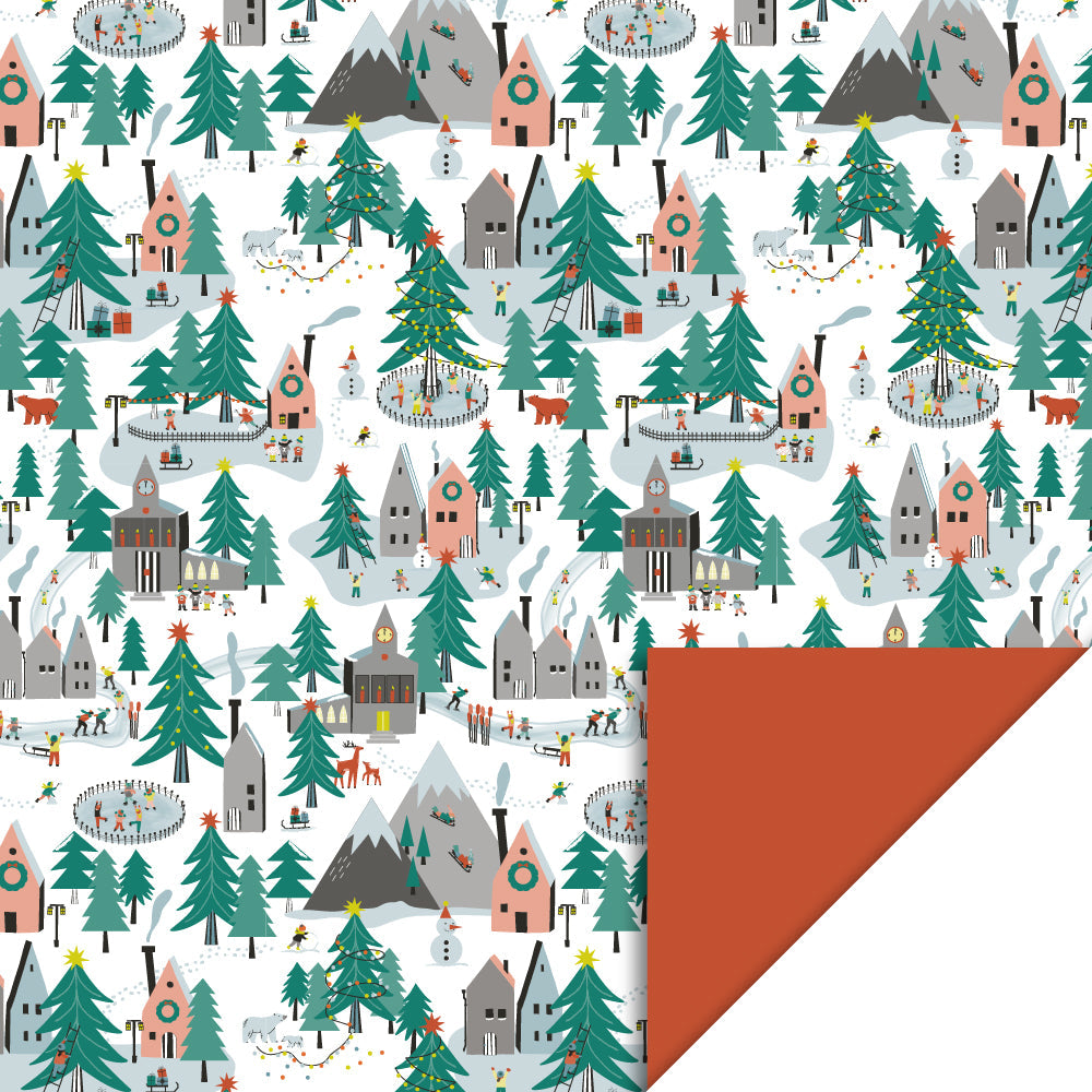 Cadeaupapier X-mas Village Orange 70 cm x 3 m – kerst cadeaupapier met kerstdorp en oranje binnenzijde | Liefs en Lintjes