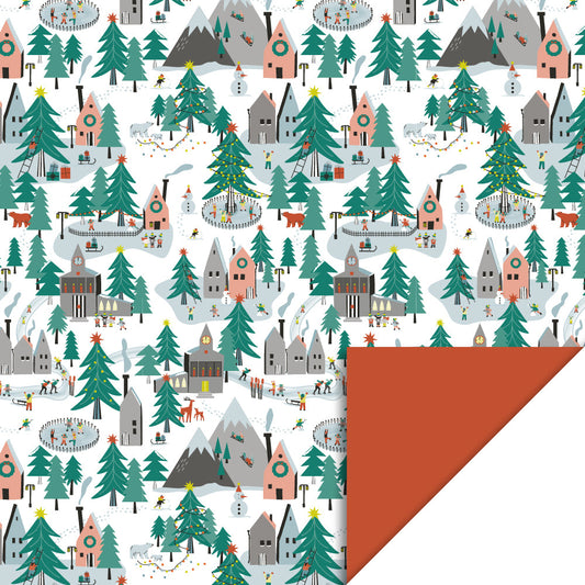 Cadeaupapier X-mas Village Orange 70 cm x 3 m – kerst cadeaupapier met kerstdorp en oranje binnenzijde | Liefs en Lintjes
