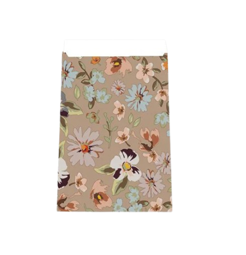 Cadeauzakje maat L (17x25 cm) met kleurrijke bloemenprint op taupe achtergrond – Liefs en Lintjes