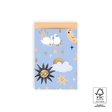 Cadeauzakje maat M (12x19 cm) met Baby Dreams patroon in goud en oranje op lichtblauw – Liefs en Lintjes
