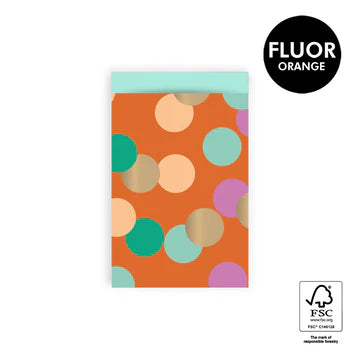 Cadeauzakje maat M (12x19 cm) met Big Confetti patroon in fluor oranje en mintgroen – Liefs en Lintjes