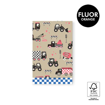 Cadeauzakje maat M (12x19 cm) met bouwvoertuigen print op beige achtergrond en blauwe gestreepte rand – Liefs en Lintjes