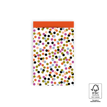Cadeauzakje maat M (12x19 cm) met kleurrijke confetti stippen en rode sluiting – Liefs en Lintjes
