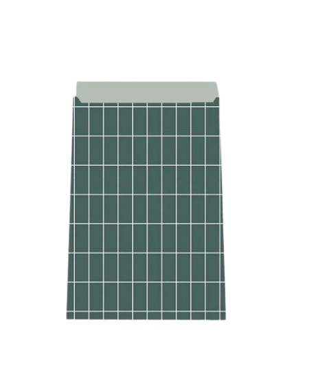 Cadeauzakje maat M (12x19 cm) met wit raster op donkergroene achtergrond en mintgroene flap – Liefs en Lintjes