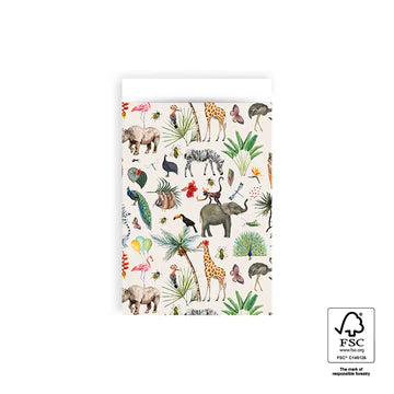 Cadeauzakje maat M (12x19 cm) met jungle dieren en planten op een naturel achtergrond – Liefs en Lintjes