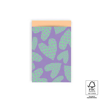  Cadeauzakje maat M (12x19 cm) met Love Hearts patroon van groene harten op paarse achtergrond – Liefs en Lintjes