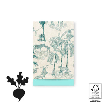 Cadeauzakje maat M (12x19 cm) met safari jungleprint in grijsgroen op zandkleurige achtergrond en turquoise onderzijde, gemaakt van bietenpulp – Liefs en Lintjes