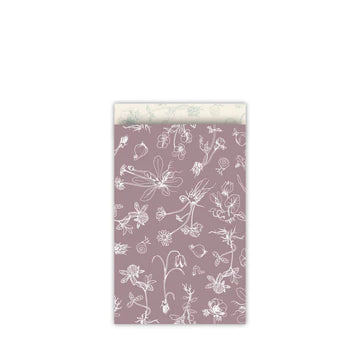 Cadeauzakje maat M (12x19 cm) met Solid Ground bloemenlijntekening in wit op een mauve achtergrond – Liefs en Lintjes