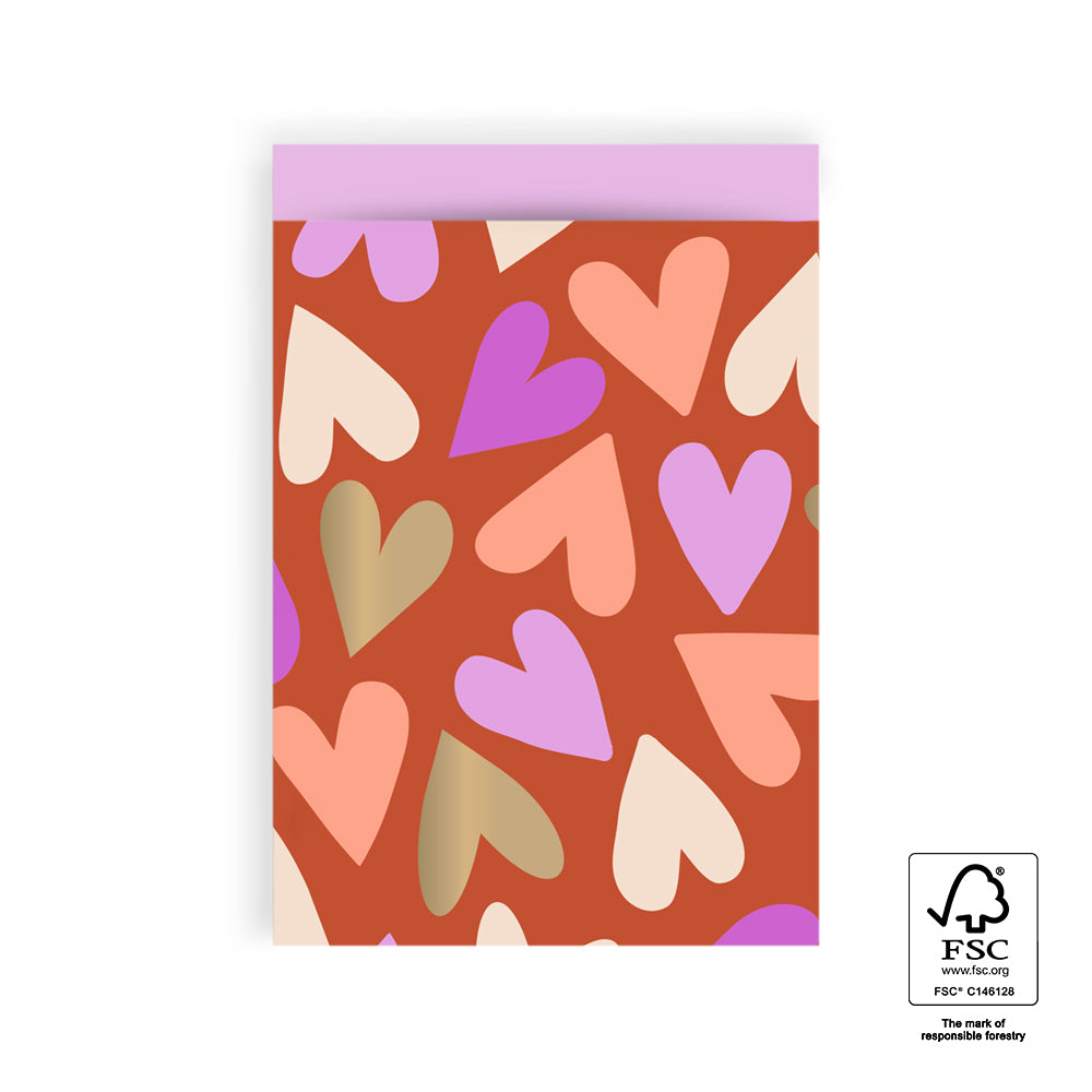 Cadeauzakjes Big Hearts Cognac/Pink L 17 x 25 cm – set van 5 zakjes met hartenprint | Liefs en Lintjes