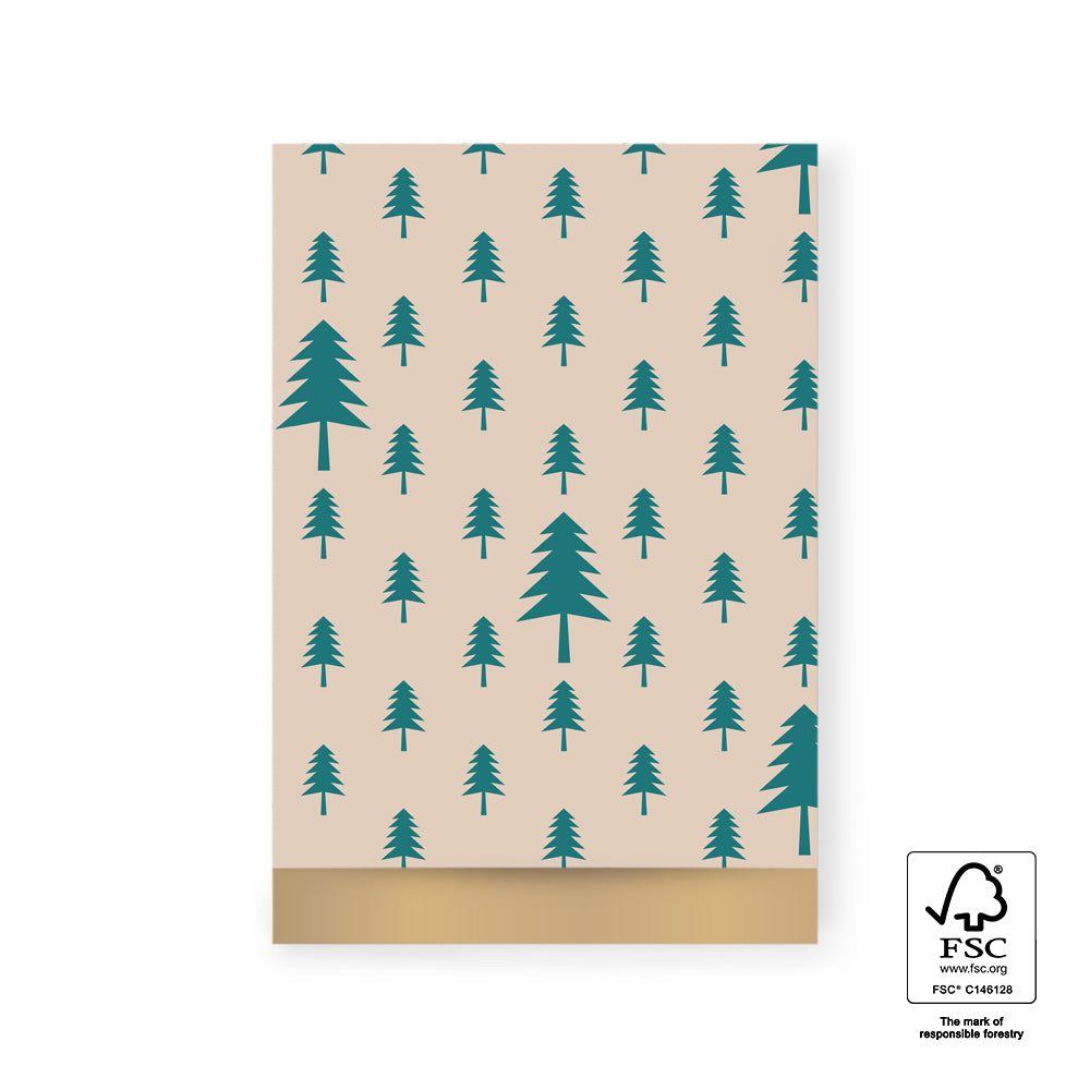 Cadeauzakjes Christmas Trees Beige/Jade Green L 17 x 25 cm – set van 5 kerstzakjes met bomen en gouden rand | Liefs en Lintjes