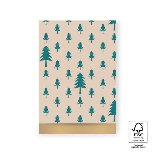 Cadeauzakjes Christmas Trees Beige/Jade Green L 17 x 25 cm – set van 5 kerstzakjes met bomen en gouden rand | Liefs en Lintjes